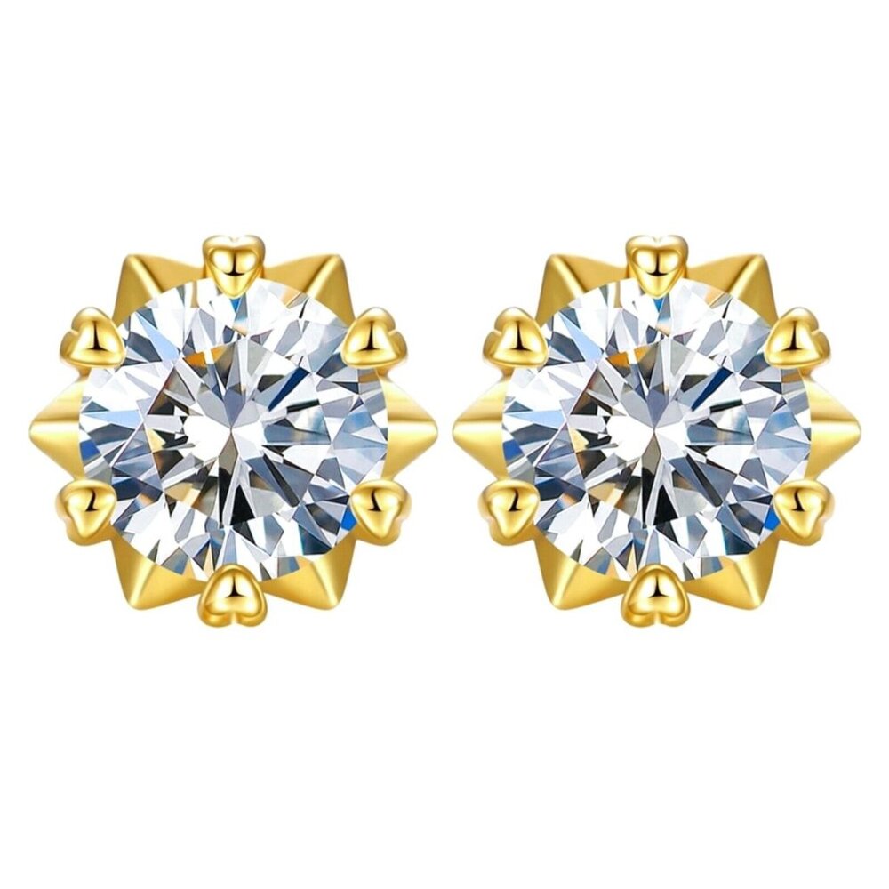Round Brilliant Solitaire 925 Sterling Silver Yellow Gold Circle Stud Earrings